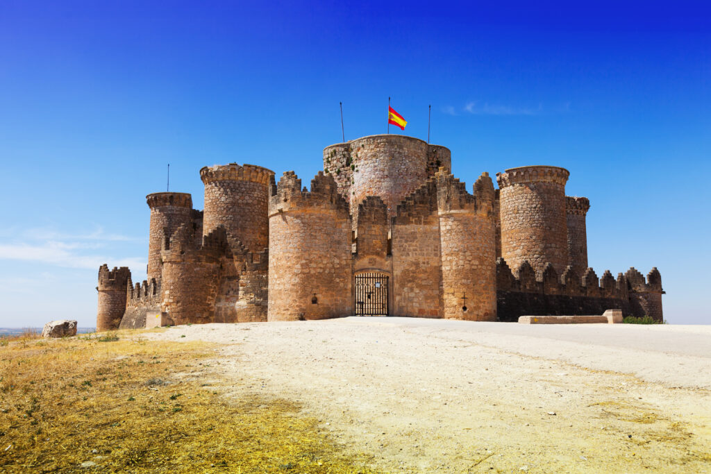 Main gate in Gothic Mudejar castle at Belmonte. Cuenca, Spain.