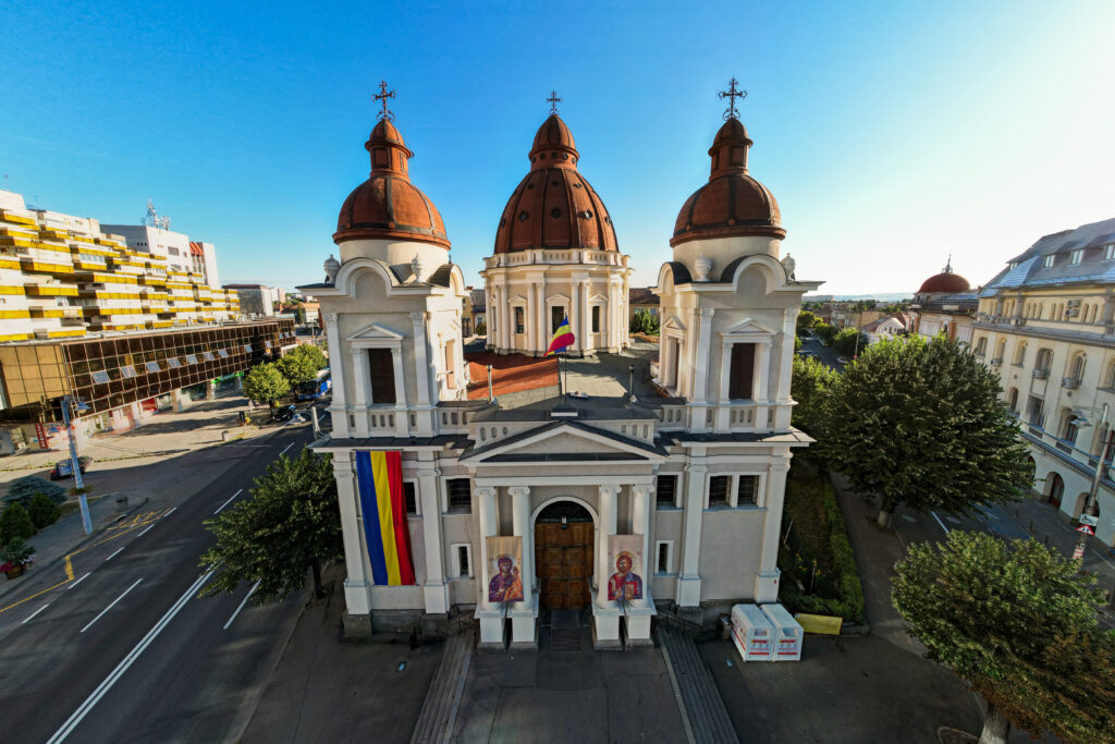 aerial drone view of church of the annunciation in targu mures romania